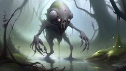 Criatura anfibia mutada con ojos lechosos y piel gelatinosa, emergiendo de un charco neblinoso rodeado de estructuras óseas que parecen crecer como árboles, en ilustración biopunk detallada.