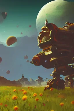 sentinel enjoying picking up flower on infested planet in no man's sky digital art in the style of greg rutkowski and craig mullins, 4k