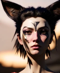miqo'te character, wild blonde hair, ominous, facepaint, waist up portrait, intricate, oil on canvas, masterpiece, expert, insanely detailed, 8k resolution, retroanime style, cute big circular reflective eyes, cinematic smooth, intricate detail, soft smooth lighting, soft pastel colors, painted Renaissance style