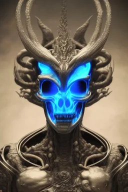 blue alien, head, evil, red eyes, weapons, blood, 8k, finely detailed, photo realistic, HR Giger style turquoise skull head gold dragon Mexican alien moon skeleton Viking helmet Black background