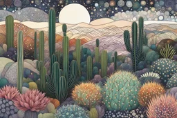 random color Zentangle patterns in the styles of Gustav Klimt ,Wassily Kandinsky, Paul Klee, and Kay Nielsen that depicts a quiet desert cactus forest with fine ink outlining