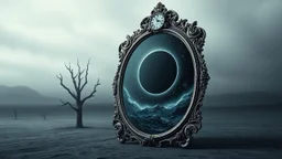 A monumental baroque mirror standing in empty gray desert landscape Cold gray reality outside the mirror, subtle fog. antique clock above the frame showing exactly 12:00 midnigt. Inside the mirror lies the Realm of Midnight: a colossal black eclipse above an endless cosmic abyss, melting stars, brocken hourglass inside the mystic mirror, and big abyss of universum, the mirror one gate into the physical dimension. Dark surreal vibe,