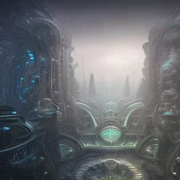 biomorphic alien city with lighting, panoramic, colours, 3D-rendering, foto-realistic,TG, 8k, art by HR Giger.