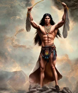 native american warrior, long black hair, big muscles, magic crystal neckless , shirtless