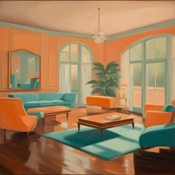 realistic oil painting of 1950s architecture interior house, art deco furniture visible. peach orange and cyan interior