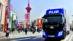 A police Tesla Cybertruck is chasing a Tesla 'Model S Plaid' at top speed, across the 'Universal Studios Japan', in Osaka. CINEMATIC. WIDE ANGLE LENS. PHOTO REAL.