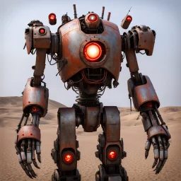 trash mech suit, human-sized, made of scrap metal, cockpit, light rust, round, one red glowing eye, loose wires