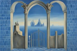 an open gothic gate in a blue-tiled wall with a view of an old city by artist "Rene Magritte",by artist "Leonora Carrington"