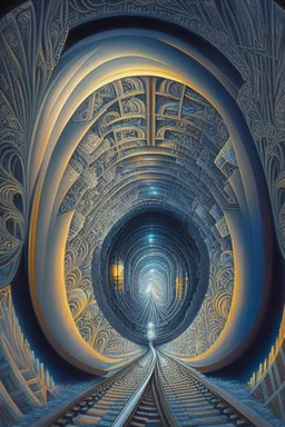 Then it comes to be that the soothing light at the end of your tunnel Was just a freight train coming your way; Optical Art, award-winning, Precisionism, insanely detailed, Fantastical, Intricate, Hyperdetailed, Holographic, Magnificent, Meticulous, Mysterious