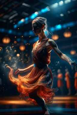 dancing, in the style of fantasy movies, photo-realistic, shot on Hasselblad h6d-400c, zeiss prime lens, bokeh like f/0.8, tilt-shift lens 8k, high detail, smooth render, down-light, unreal engine 5, cinema 4d, HDR, dust effect, vivid colors, smoke, dust, fireflies