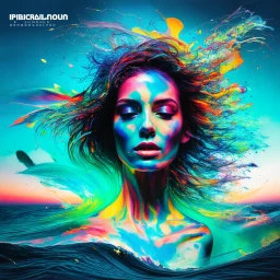 piece of album art with a women fusion with light, abstract style album cover, high level of noise and subtle texture, psychedelic cover, emotional soul, shapes and waves.