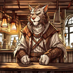 A distressed male khajiit from Skyrim dressed in dirty rags with brown spotted fur in a medieval fantasy tavern cartoon