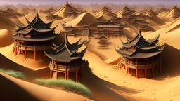 ancient, fantasy, chinese town, dune, crater, sand strom, destroyed chinese houses