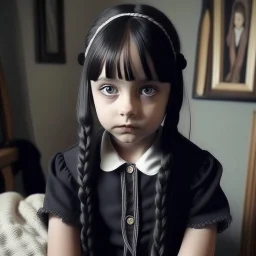 Cute wednesday addams as a child, braids, a frange, with a black rabbit, worn polaroid, 1970s, empty room, no emotion on her cold face