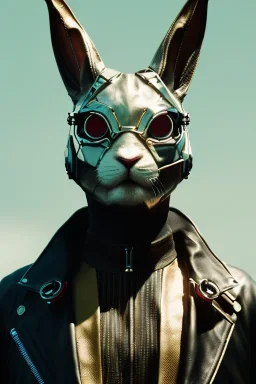 Medium Close Up Portrait, Front image. cyberpunk, rabbit mask, British man, white short hair. leather, gold suit. White, black, red, color. Retro futuristic style. Color background, photo studio. Avatar image, highly detailed, concept art, smooth, unreal engine 5, god rays, ray tracing, RTX, lumen lighting, ultra detail, volumetric lighting, 3d, finely drawn, high definition, high resolution.