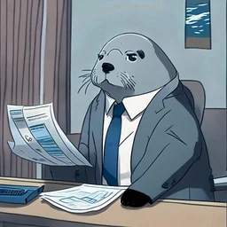 Worried seal in office suit doing his tax return anime style