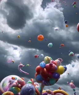 Ultra realistic speed clouds sky scene, wide angle view, child falling down with many Children background, inflatable monsters, circus dress style, feather color, free jumping flying, many trinkets, hair monster, many jelly beans, balls, color smoke, smile, happy, extreme, wind, clouds sea, 20,000 feet altitude, stratosphere, soft color, highly detailed, unreal engine 5, ray tracing, RTX, lumen lighting, ultra detail, volumetric lighting, 3d, finely drawn, high definition.