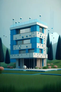 minimal building with cream walls and little light blue windows a little bit look like space ships in star wars movie and also the wild flowers in the some parts of the facades and and super realistic render with high quality as vantage renders and view in a rainy day with trees in back ground and jungle behind the house also the house has many balconies some them are little and some of them are big the balconies have blue daisy flowers that grow in some part of facades