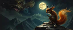 fuzz sponge tube gremlin fox demon in the astral realm watched by moon base, painted by Rembrandt