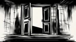 unhinged door, anime, monochrome, black background, ink, simple, maximum quality