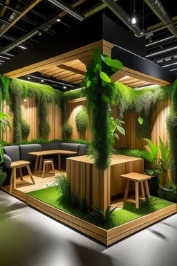 Corner exhibition stand with wood elements and greenery, with meeting areas