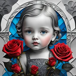 8K Ultra HD, highly detailed, baby and rose greeting card, gothic design and magical symbol of woman and rose, cubism, brush, palette, easel, pigment, stroke, composition, mixed media, texture, contrast, depth, creativity, imagination, ceramic , azure , vermilion , impasto , glazing , grayscale , gloss , 3D , octane , isometric , rendering , by Yukisakura , photography , gorgeous full color ,