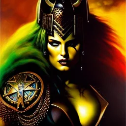 portrait oil on canvas, beautiful punk busty female Savage Barbarian Warrior, riding a Black Horse,green eyes, ,minimal armor,comic book cover, mystical colors,insanely detailed,realistic,intrincate detail, 16k resolution, masterpiece,Frank Frazetta,Alex Horley, Simon Bisley