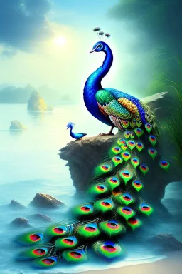 beautiful peacock, beach, mystical, dreamlike, romanticism, fine detail, high quality, raining, rain droplets, beautiful colors,