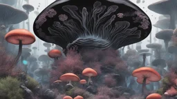 Exotic Flora, fauna, mushrooms, fungi and coral dripping black liquid in the Multiverse