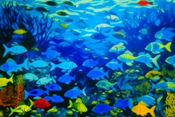 A blue sea filled with fish and Hawaiian tikis underwater painted by Andy Warhol