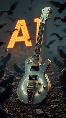 "ancient glowing metallic white electrical guitar on a guitars graveyard ruined, surrounded by black birds runes , a background with a 3d Text of “ AI “ word dramatic spotlight, 16:9, high detail, no humans."