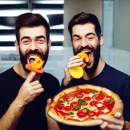 A picture of two men. One of the men is very thin and is eating vegetables and drinking water. The second man is eating a pizza and he is obese