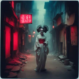 Dramatic Vintage Polaroid picture, fantastical pale mottled skin crepey Geisha reaper with red glowing eyes levitating in a derelict alleyway in a city at midnight, dark fantasy aesthetic, dramatic city fog, dust motes hang in air, lit by ambient light from neon "BAR" sign, intricately detailed, complex contrast, dynamic composition; oddball masterpiece, sfumato, sinister,