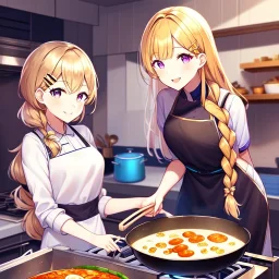 girl, masterpiece, best quality, volumetric lighting, detailed outfit, perfect eyes, golden hair, long hair, purple eyes, braided ponytail, smile, cooking, food, hairclip,