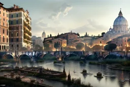 Tevere+river+Bar on garden rooftops +Rome mixed new york +Skyscraper +steampunk+biopunk+alphonse mucha, greg rutkowski,matte painting, cryengine, hyper detailed, felix kelly, fantasy art, seb mckinnon