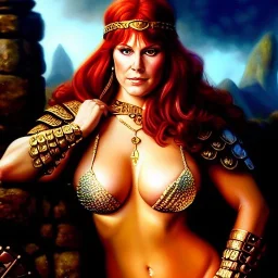 Ultra detailed fullbody Portrait in oil on canvas of beautiful busty Red Sonja ,extremely detailed digital painting, extremely detailed face,crystal clear Big Glowing eyes, mystical colors ,perfectly centered image, perfect composition, rim light, beautiful lighting, 8k, stunning scene, raytracing, anatomically correct, in the style of robert e howard and Ken Kelley and Ohrai Noriyoshi and Simon Bisley and tomzj1