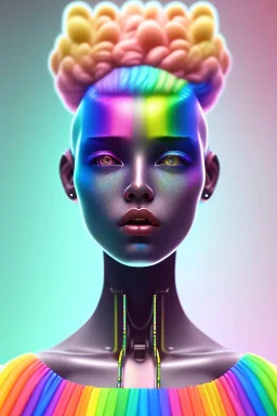 girl, cute, beautiful, shaved head, soft pastel rainbow hair, rainbow dress,robotic, african factions close up portrait by edgar allan poe