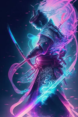 Mystical samurai emitting an aura of transparent dragons with a long, neon sword emitting an aura