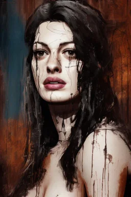 an abstract painting of rusted wood, Anne Hathaway, big black hair,wet face, Viking style, 8K, a Highly detailed stunning full frame portrait, wide-angle view, a