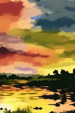 A scene of a sunset and a lake low angle sad mood some war plane on sky