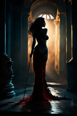 The female Shadow of Death using the staff of destruction. sexy. frightening. Horror. inside Panteon in Rome. fantasy art, the naked truth, Cinematic lighting, Volumetric lighting, Epic color composition, octane render