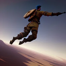 a soldier jumping off of an airship, during a war in a desert