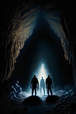 an 8 foot tall faceless, emaciated, and 4 armed man standing in the back of a dark cave