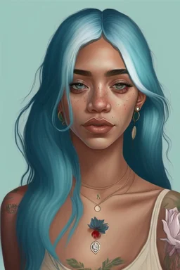 Young woman with big grey eyes, brown skin, rosy cheeks, long silver earrings, really long straight blue hair, round face, slim body, big bobs, green shirt, red flower tattoo on collarbone,