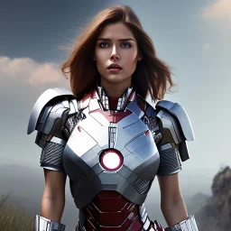 fantasy art, busty latina, big booty, full-body,standing next to car , beautiful-face, short hair, red-silver-fire-pattern outfit, short outfit, tight outfit, scoop-neck, enormous bust, realistic artwork,full body show, posing ,war against a iron man