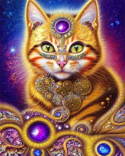 Cat , 500 x 500 pixels, glitter gold, extremely detailed fractal , fractal gems, fractal crystals, gold glitter, imperial colors ,digital oil painting , detailed art illustration, vibrant, cinematic, ornate, luxury, 8K polished in the style of Josephine Wall, Brian Froud.Thomas Kinkade