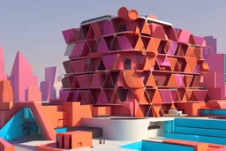 geometric hotel of the future with people in abstract 3d peach red and orange