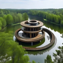 rstaurante en forma espiral, en un lago, de estilo moderno rodeado de arboles