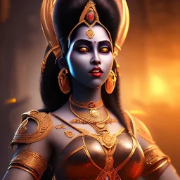 Goddess Kali, pitch black complexion, beautiful, svelte, stunning, chiseled face, fierce, unreal-5 engine volumetric lighting, intricate details, realistic style