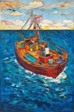 on the boat , in the style of Eileen Agar